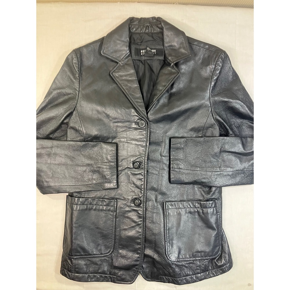New York & Company Black Leather Blazer Jacket Womens Size M 3 Button Coat